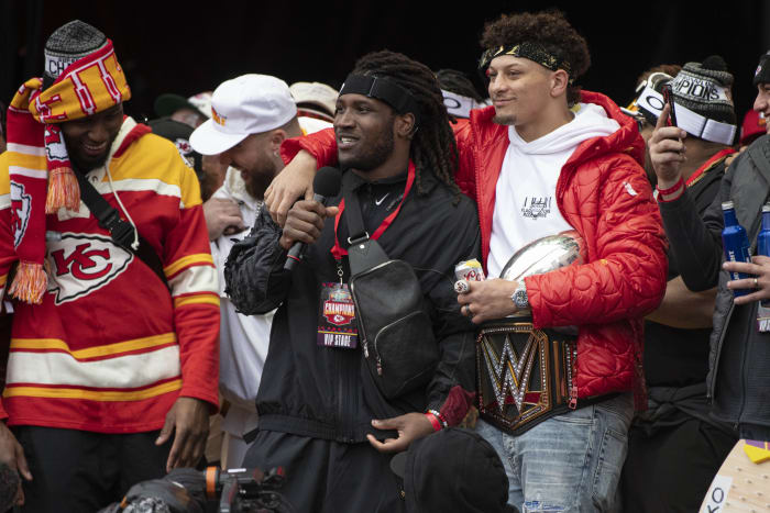 Feb 15, 2023; Kansas City, MO, USA; Kansas City Chiefs linebacker Nick Bolton gives a speech at the Super Bowl LVII Champions Parade in downtown Kansas City, Mo. Mandatory Credit: Amy Kontras-USA TODAY Sports